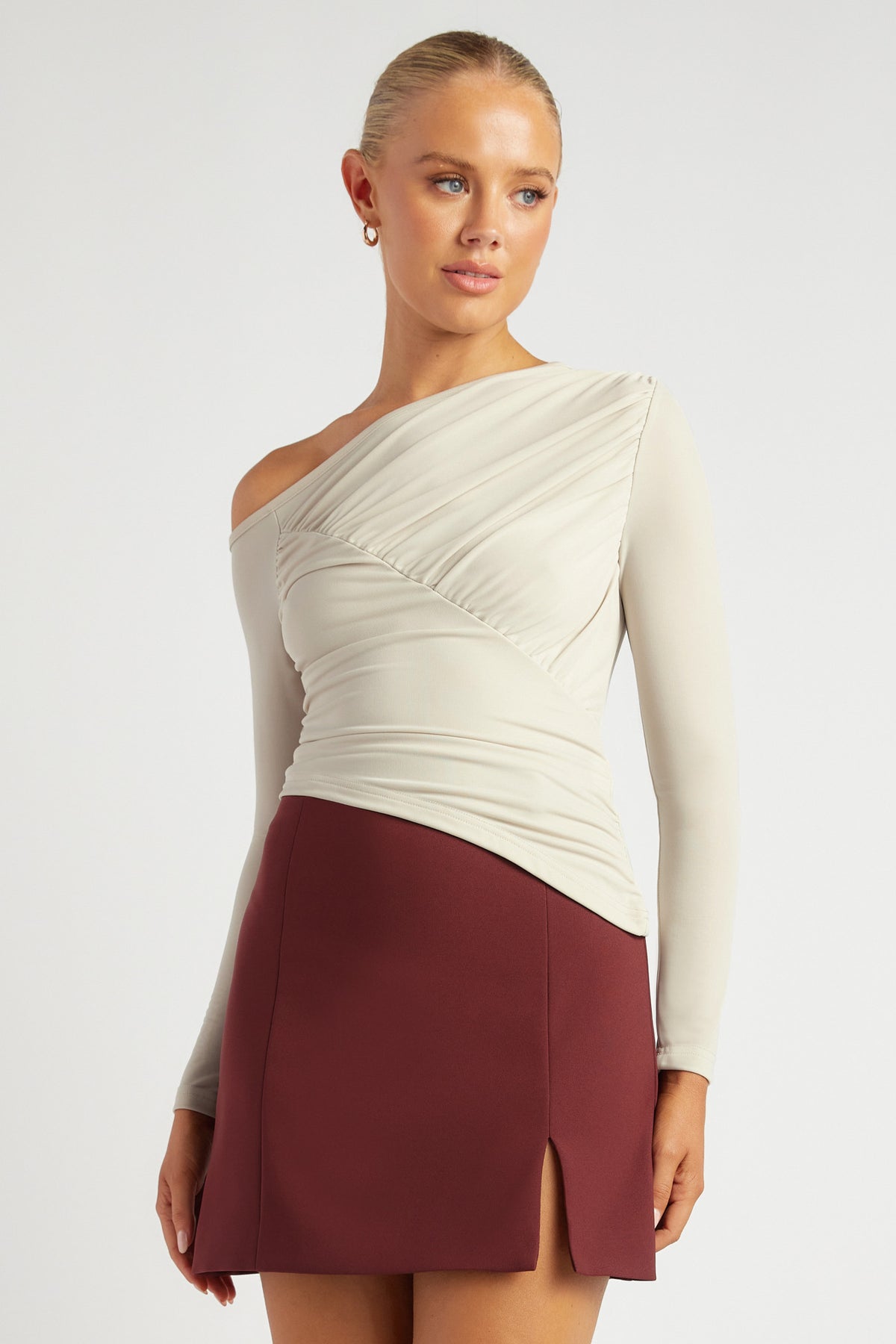 Chosen By Fifi & Anne The Camilla Off-Shoulder Ruched Detail Long Sleeve Top | Pearl