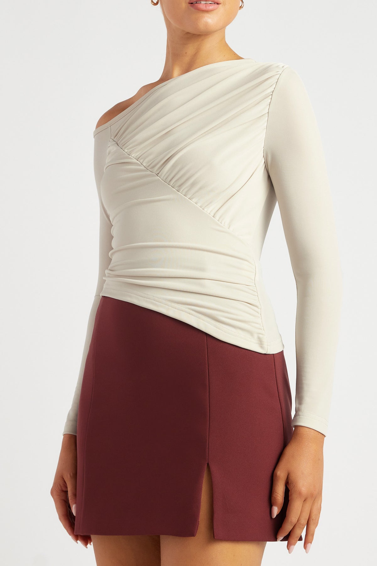 Chosen By Fifi & Anne The Camilla Off-Shoulder Ruched Detail Long Sleeve Top | Pearl