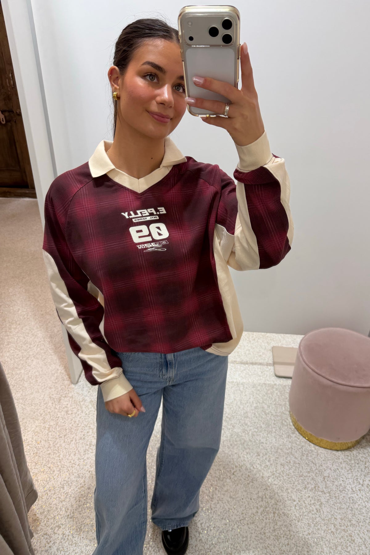 Ena Pelly Josie Long Sleeve Polo | Burgandy Check