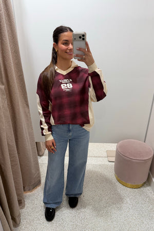 Ena Pelly Josie Long Sleeve Polo | Burgandy Check