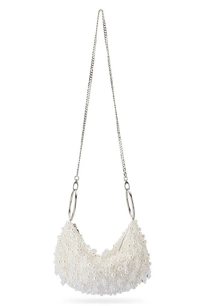 Olga Berg The Azzy Encrusted Curved Bag | Pearl || Pre_ Order ETA 4/10/2026