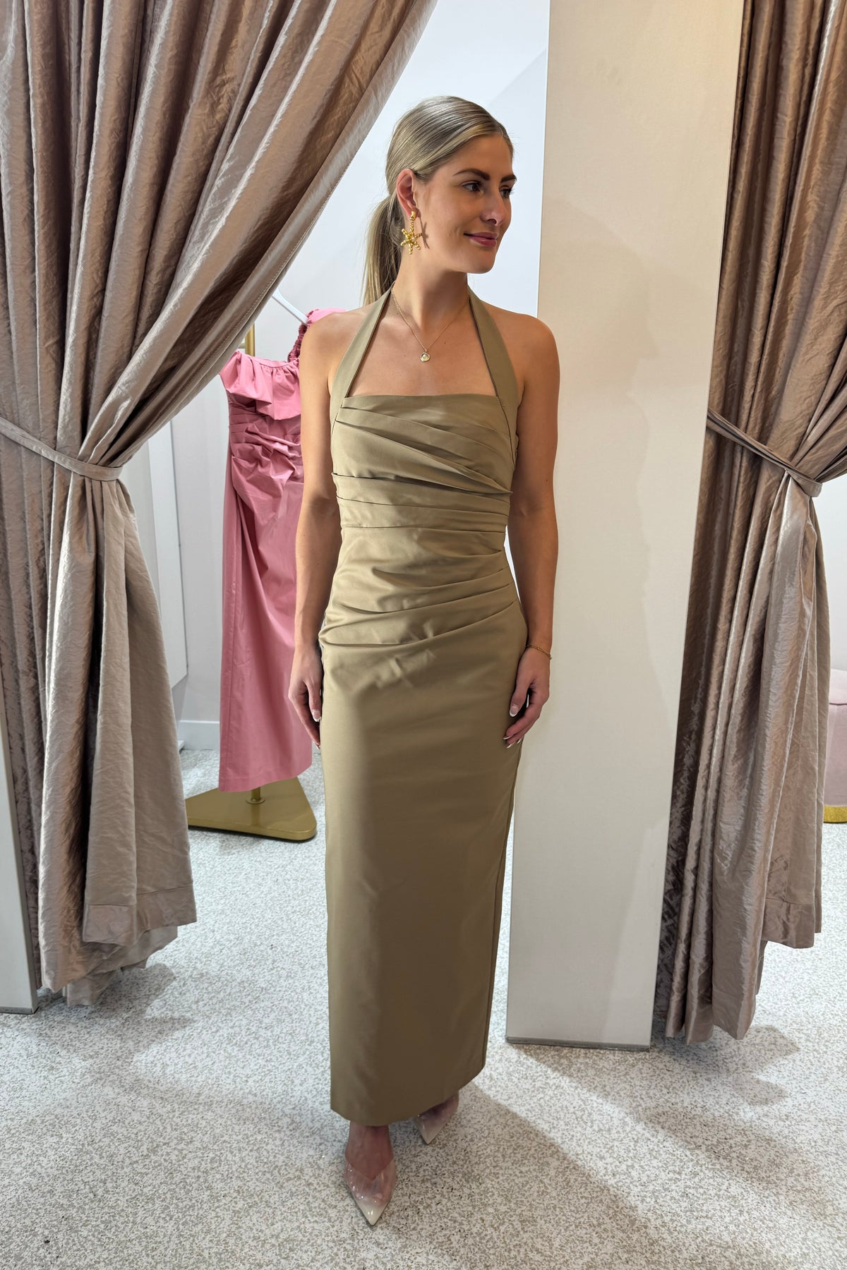 Shona Joy Lani Draped Halter Maxi Dress | Pebble - Fifi & Annie Shona Joy Lani Draped Halter Maxi Dress | Pebble - Fifi & Annie