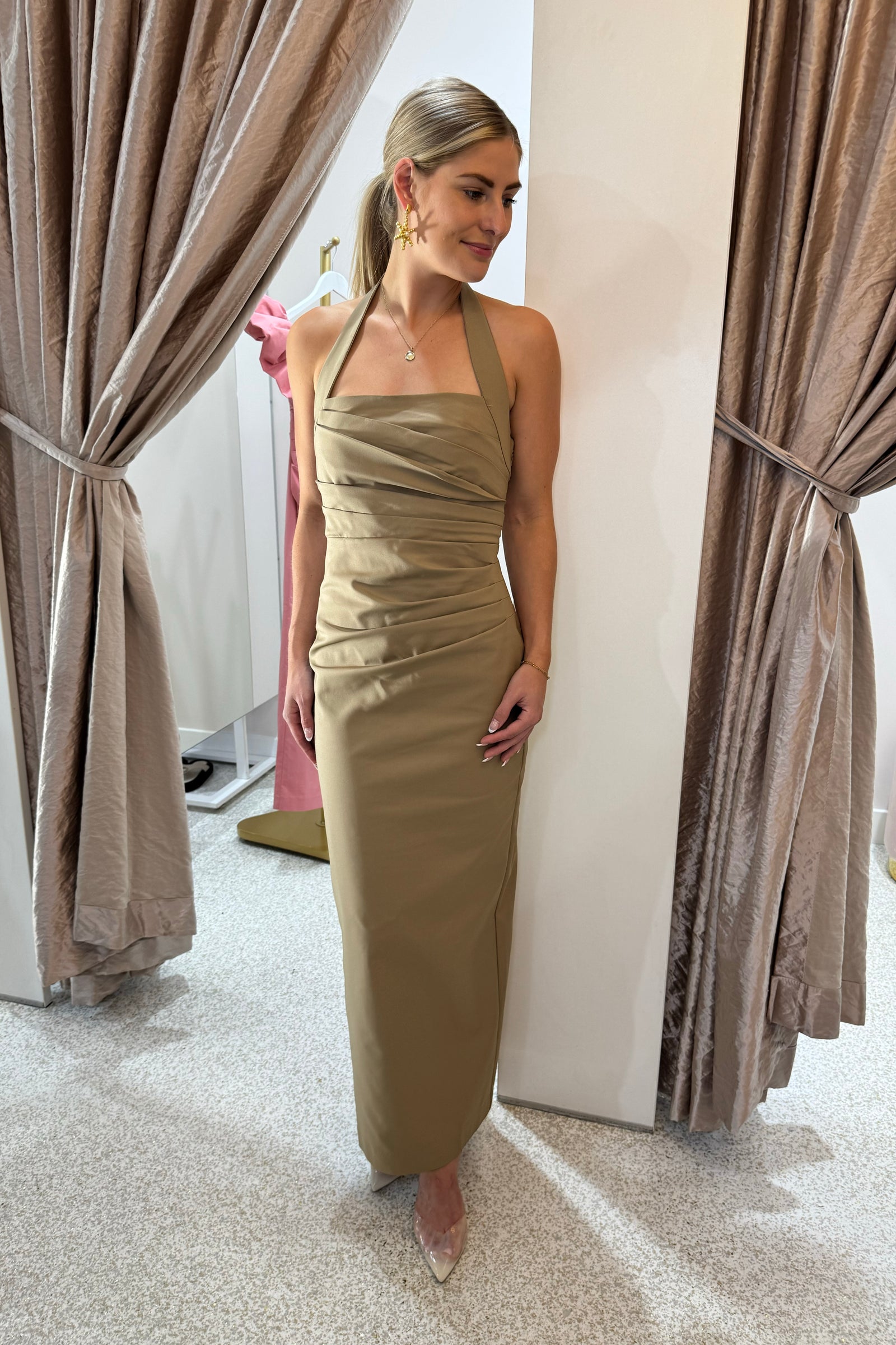 Shona Joy Lani Draped Halter Maxi Dress | Pebble