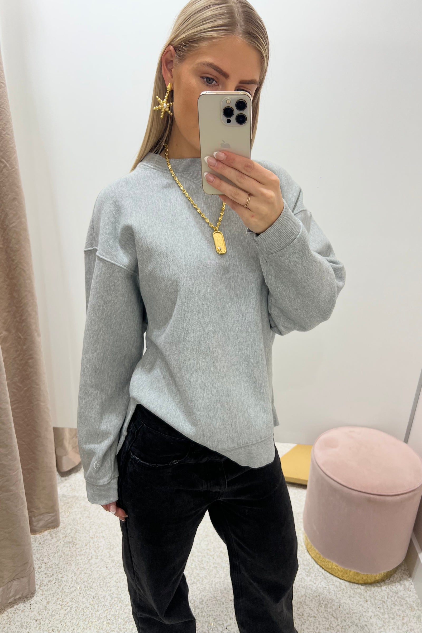 Bassike Fleece Split Hem Crew Sweat | Grey Marl