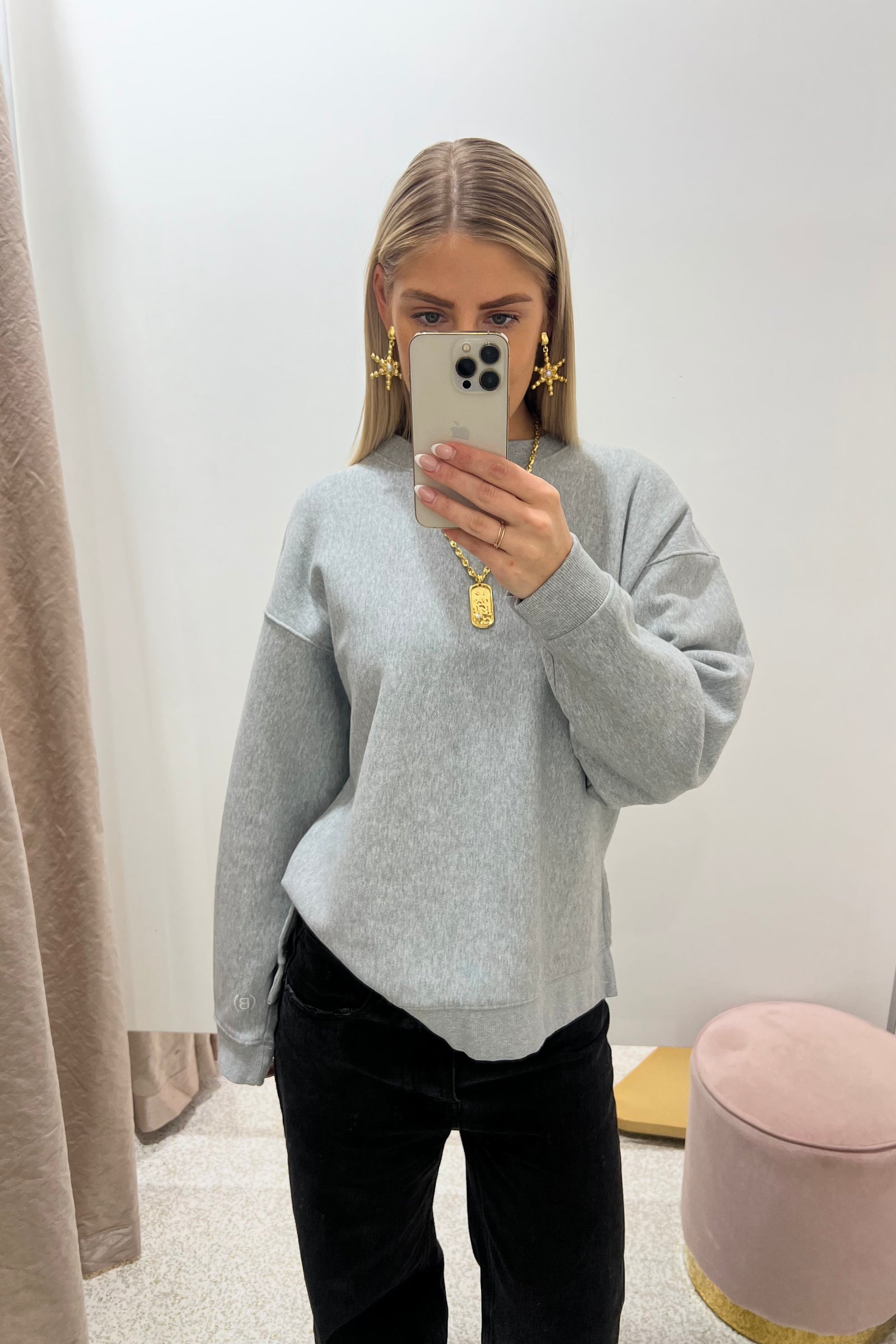 Bassike Fleece Split Hem Crew Sweat | Grey Marl