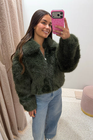 Ena Pelly Daphine Faux Fur Bomber | Olive