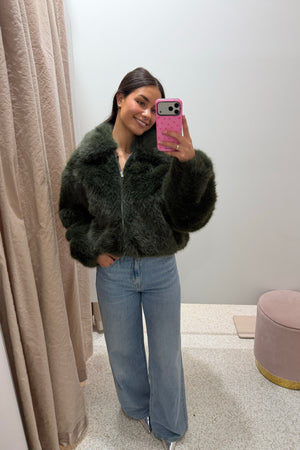 Ena Pelly Daphine Faux Fur Bomber | Olive