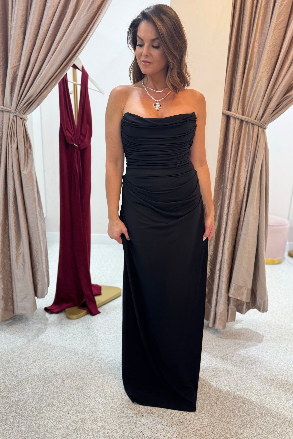 Misha The Dry Jersey Draped Midi Dress | Black