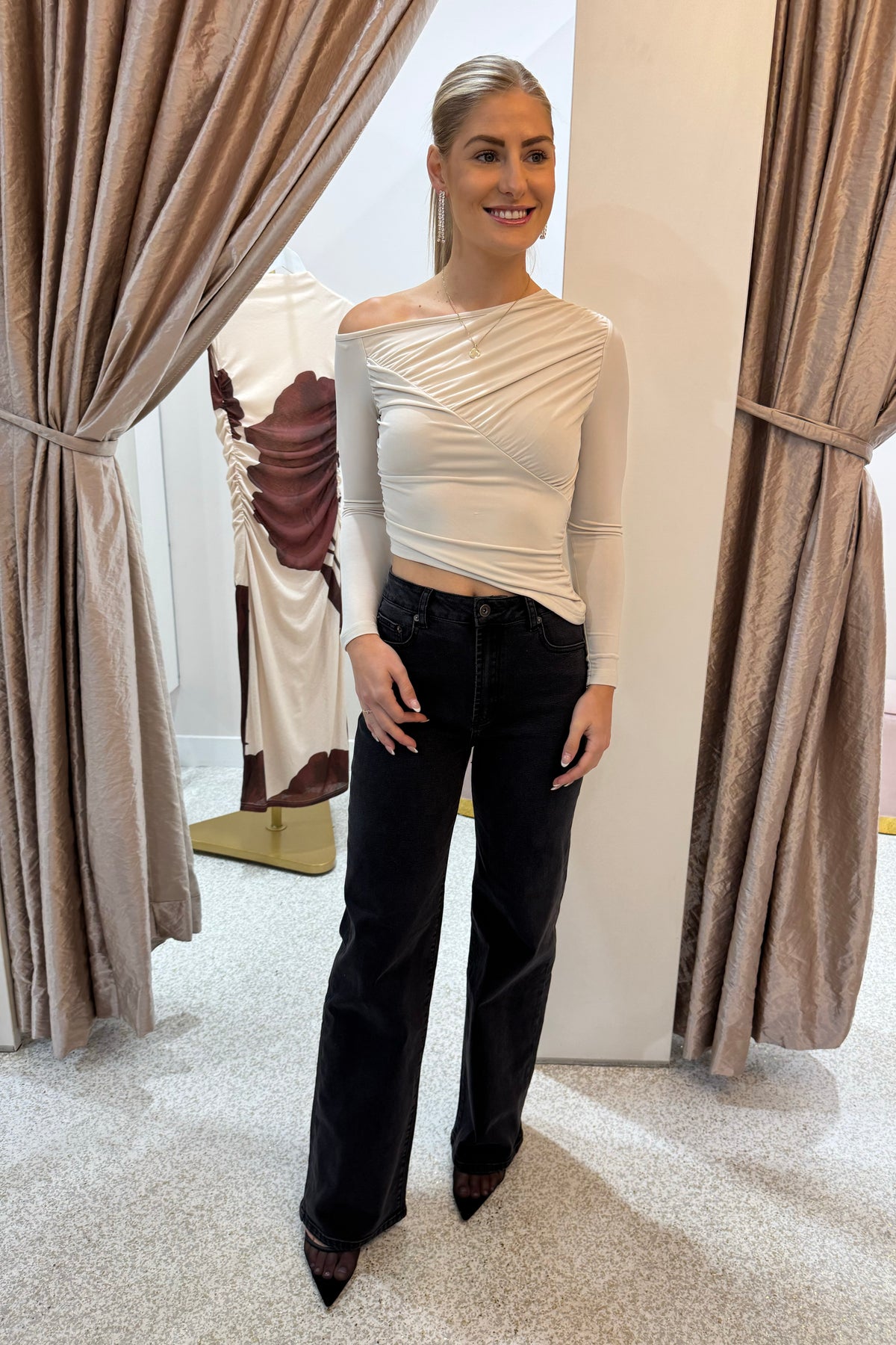 Chosen By Fifi & Anne The Camilla Off-Shoulder Ruched Detail Long Sleeve Top | Pearl