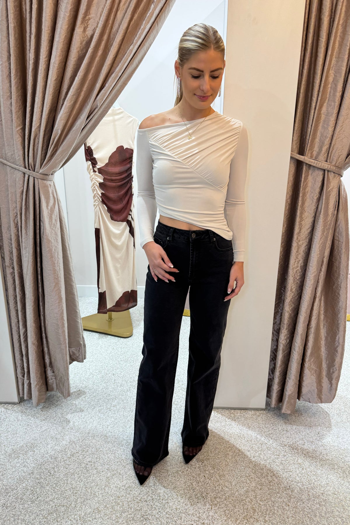 Chosen By Fifi & Anne The Camilla Off-Shoulder Ruched Detail Long Sleeve Top | Pearl