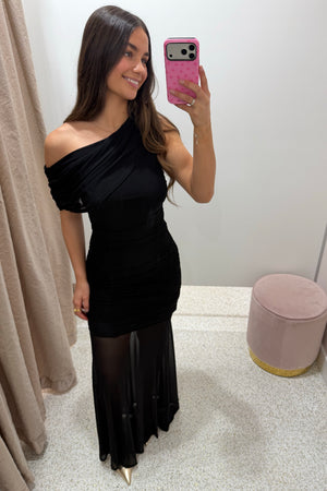 Chosen By Fifi & Annie The Drape Detail Mesh Maxi Dress | Black