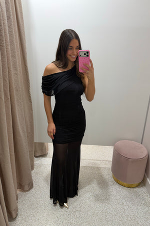Chosen By Fifi & Annie The Drape Detail Mesh Maxi Dress | Black