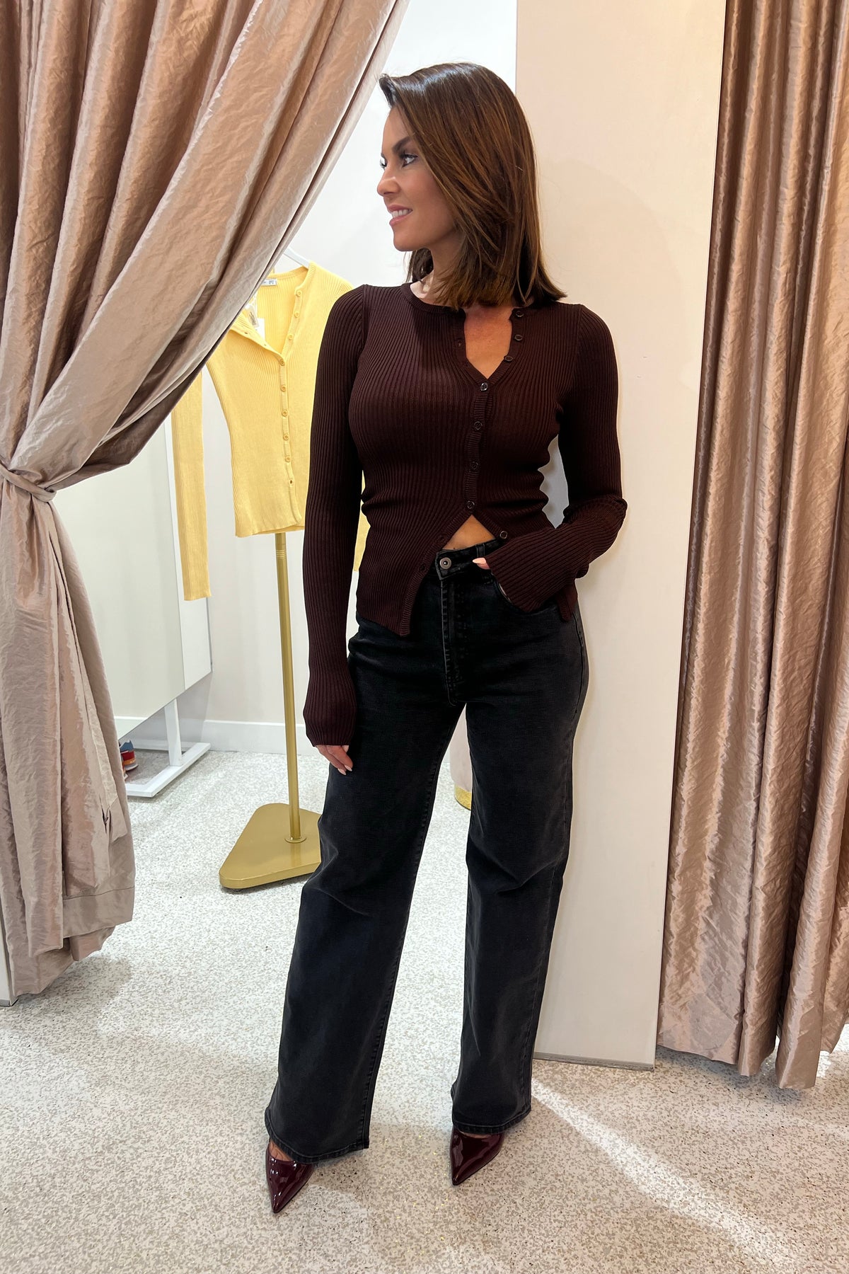 Chosen By Fifi & Anne The Ollie Ribbed Button Down Top | Chocolate || NEW COLOUR