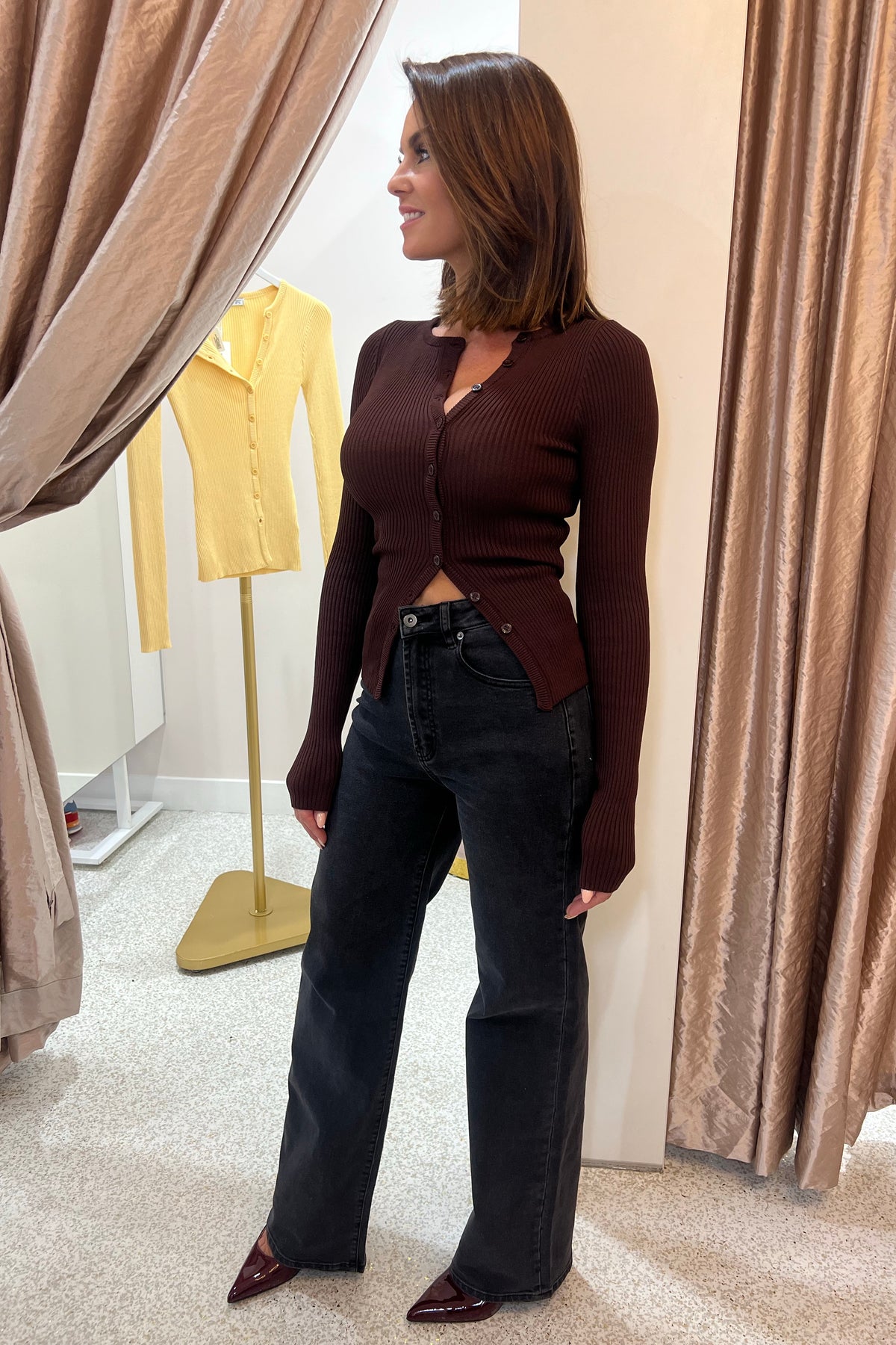 Chosen By Fifi & Anne The Ollie Ribbed Button Down Top | Chocolate || NEW COLOUR