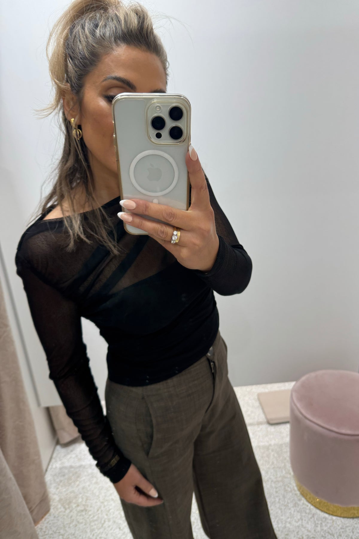 Chosen By Fifi & Annie The Asymmetric Hem Ruched Detail Sheer Mesh Top | Black