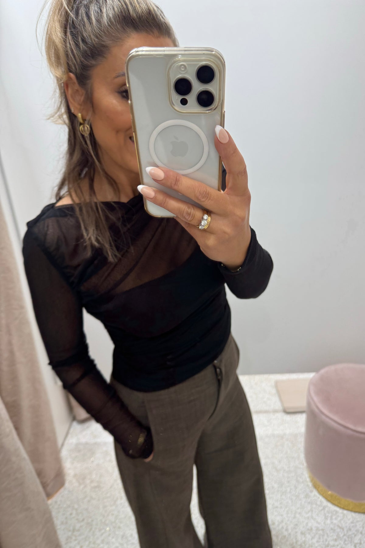Chosen By Fifi & Annie The Asymmetric Hem Ruched Detail Sheer Mesh Top | Black