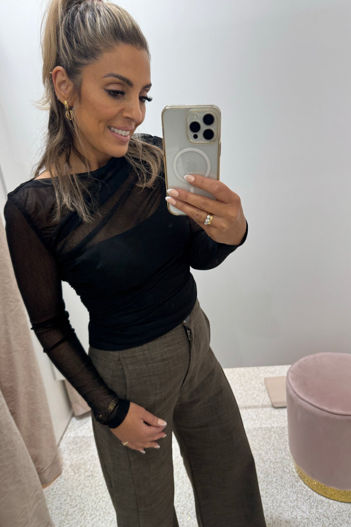 Chosen By Fifi & Annie The Asymmetric Hem Ruched Detail Sheer Mesh Top | Black