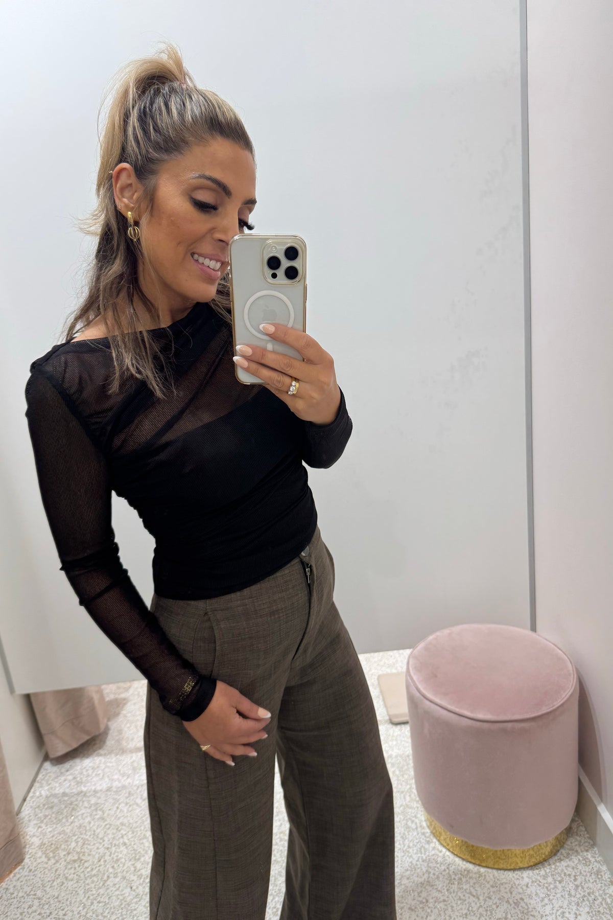 Chosen By Fifi & Annie The Asymmetric Hem Ruched Detail Sheer Mesh Top | Black