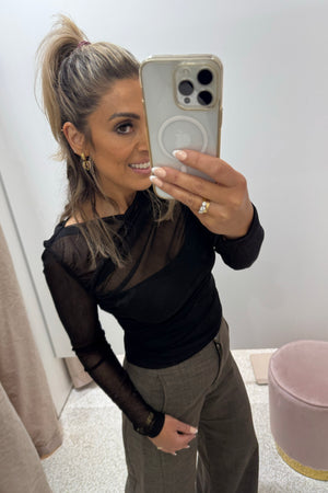 Chosen By Fifi & Annie The Asymmetric Hem Ruched Detail Sheer Mesh Top | Black