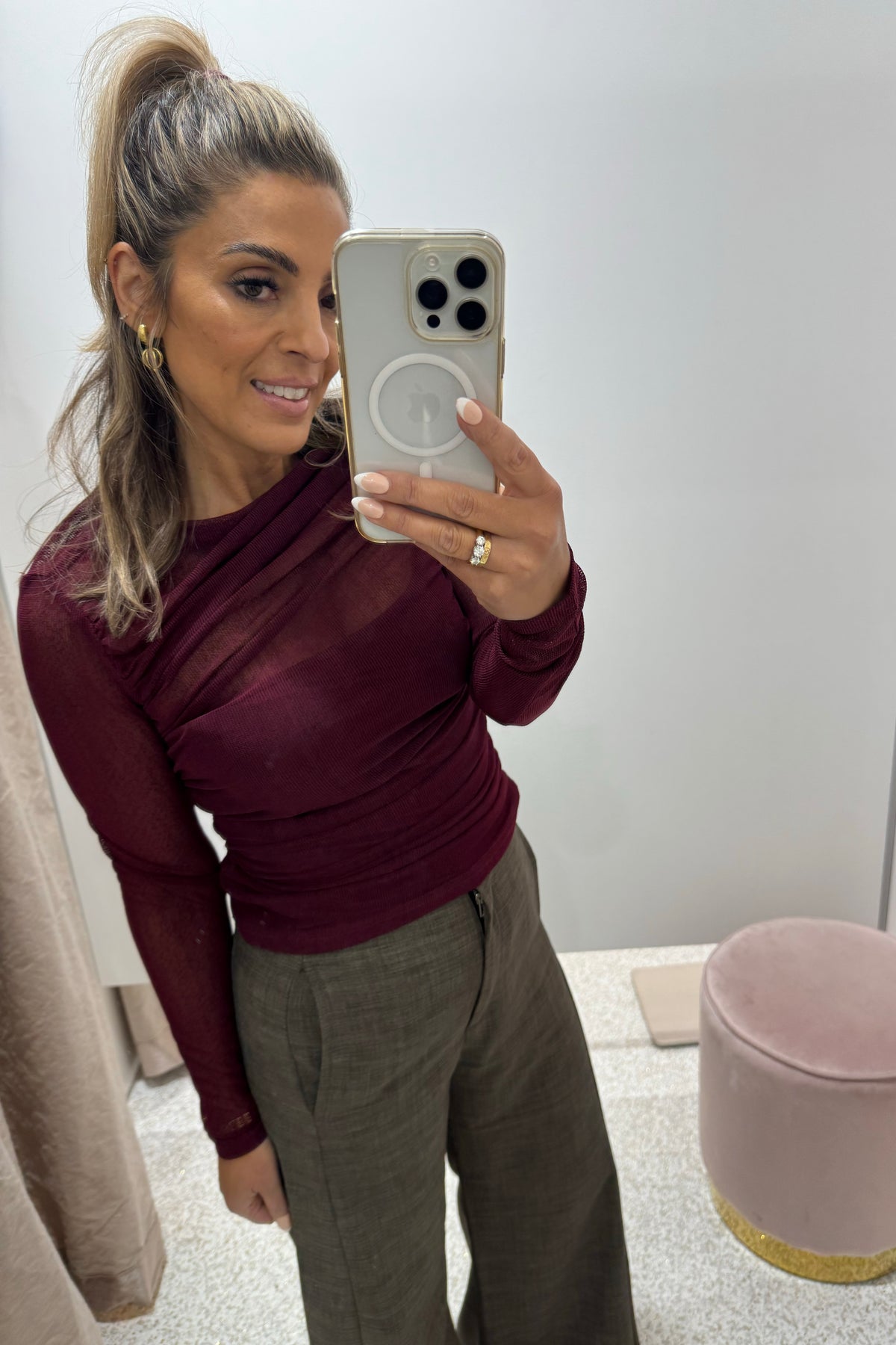 Chosen By Fifi & Annie The Asymmetric Hem Ruched Detail Sheer Mesh Top | Wine
