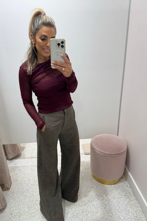 Chosen By Fifi & Annie The Asymmetric Hem Ruched Detail Sheer Mesh Top | Wine