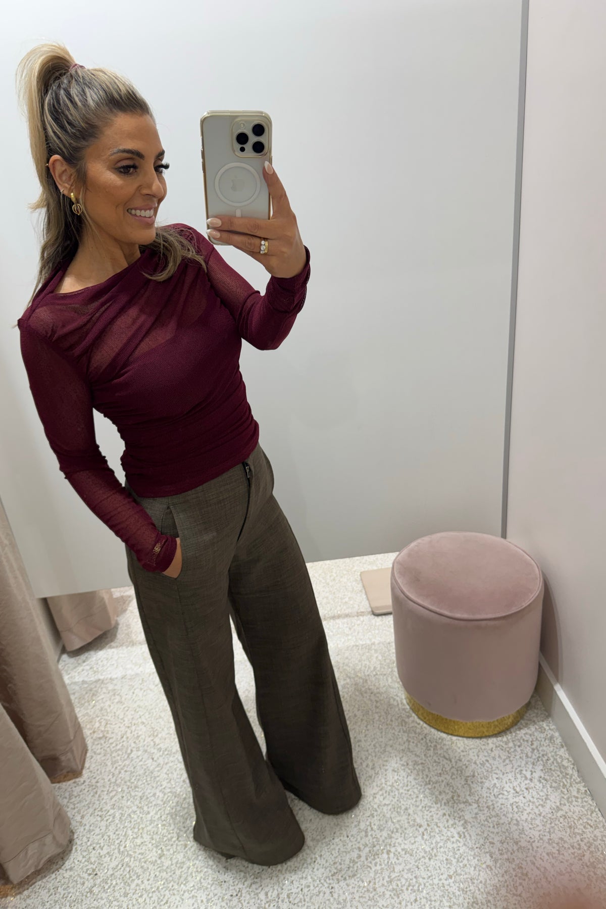 Chosen By Fifi & Annie The Asymmetric Hem Ruched Detail Sheer Mesh Top | Wine