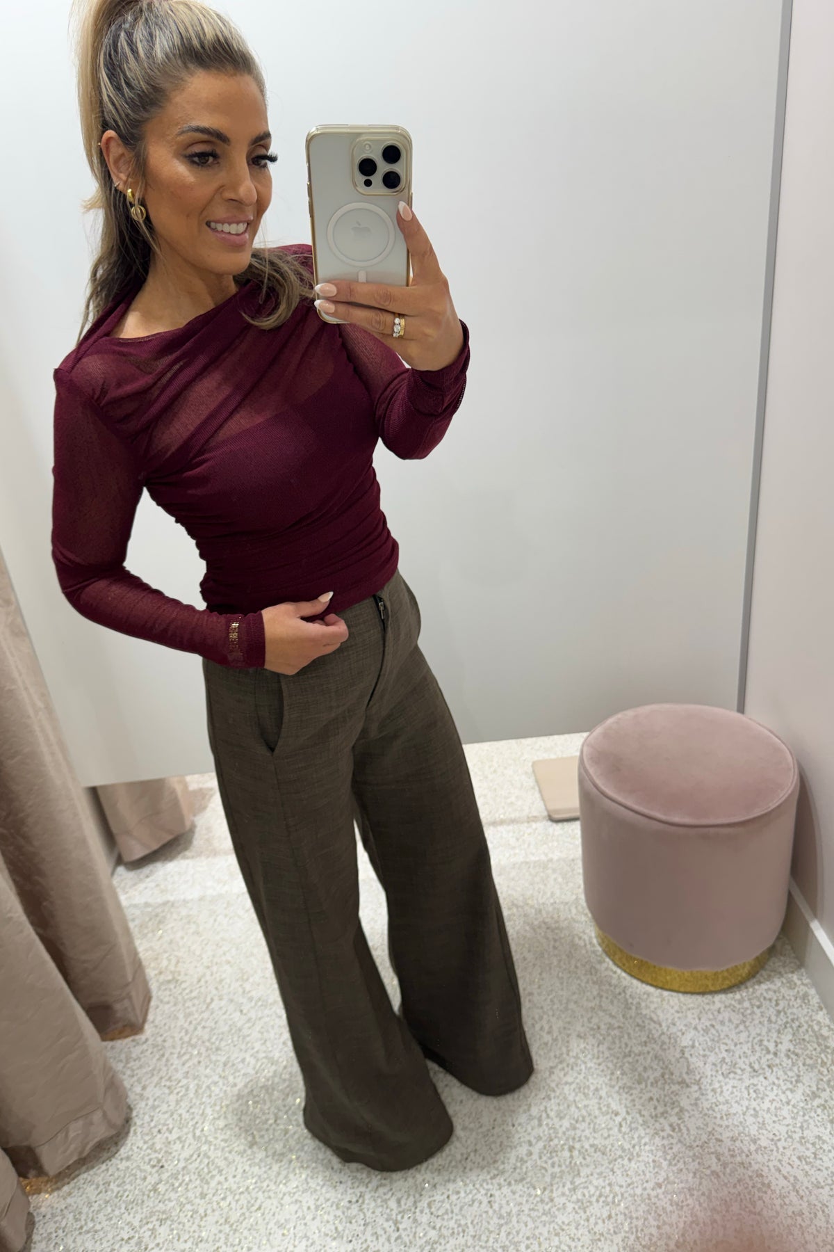 Chosen By Fifi & Annie The Asymmetric Hem Ruched Detail Sheer Mesh Top | Wine