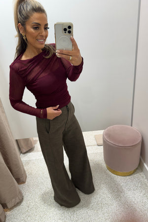 Chosen By Fifi & Annie The Asymmetric Hem Ruched Detail Sheer Mesh Top | Wine