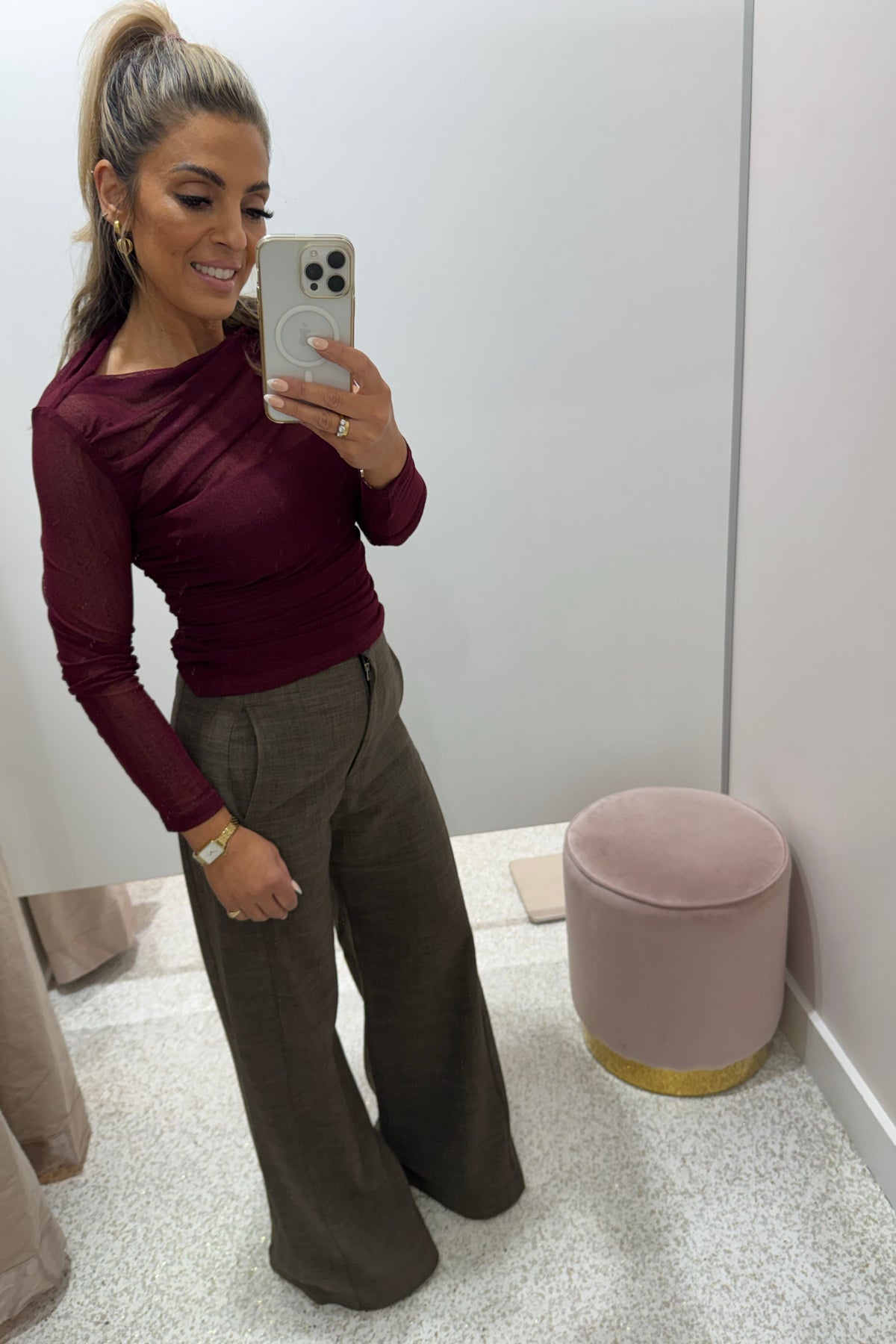 Chosen By Fifi & Annie The Asymmetric Hem Ruched Detail Sheer Mesh Top | Wine