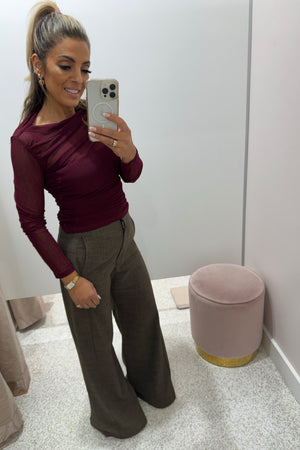 Chosen By Fifi & Annie The Asymmetric Hem Ruched Detail Sheer Mesh Top | Wine