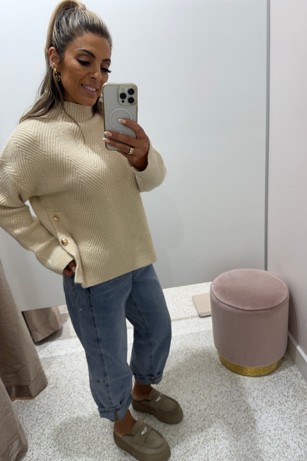Chosen By Fifi & Annie The Relaxed  Knit Jumper with Side Gold Buttons | Bone