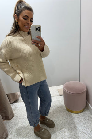 Chosen By Fifi & Annie The Relaxed  Knit Jumper with Side Gold Buttons | Bone
