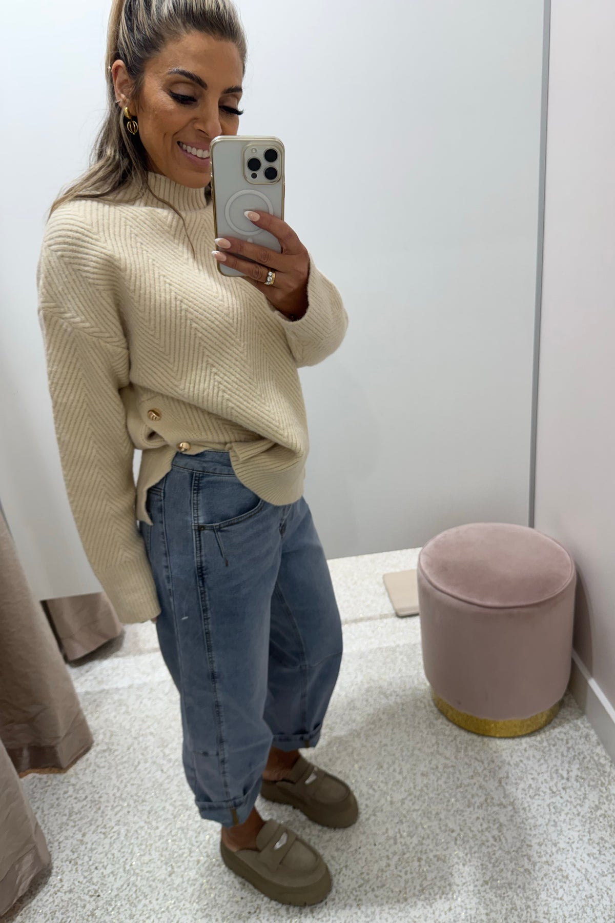 Chosen By Fifi & Annie The Relaxed  Knit Jumper with Side Gold Buttons | Bone