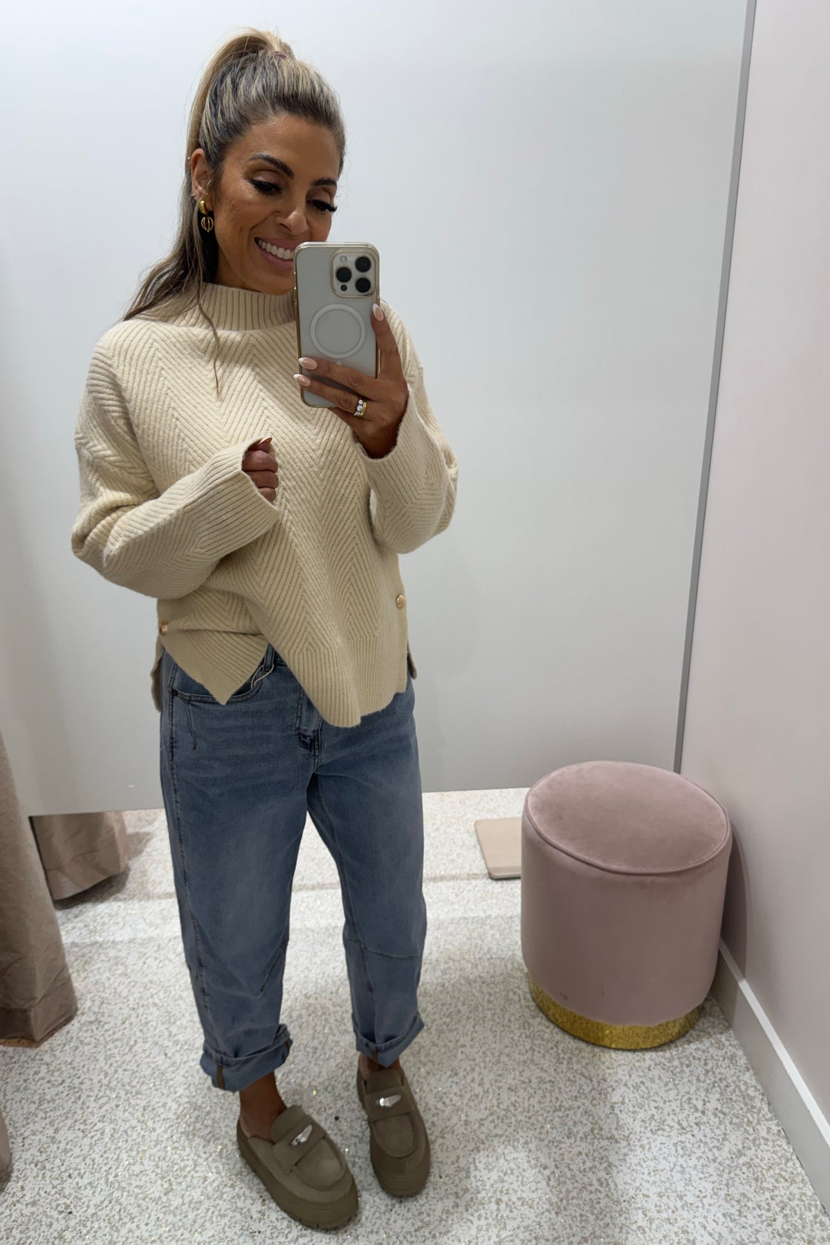 Chosen By Fifi & Annie The Relaxed  Knit Jumper with Side Gold Buttons | Bone