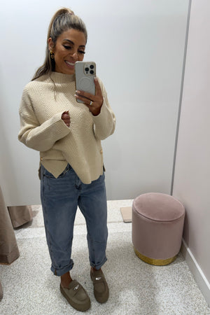 Chosen By Fifi & Annie The Relaxed  Knit Jumper with Side Gold Buttons | Bone