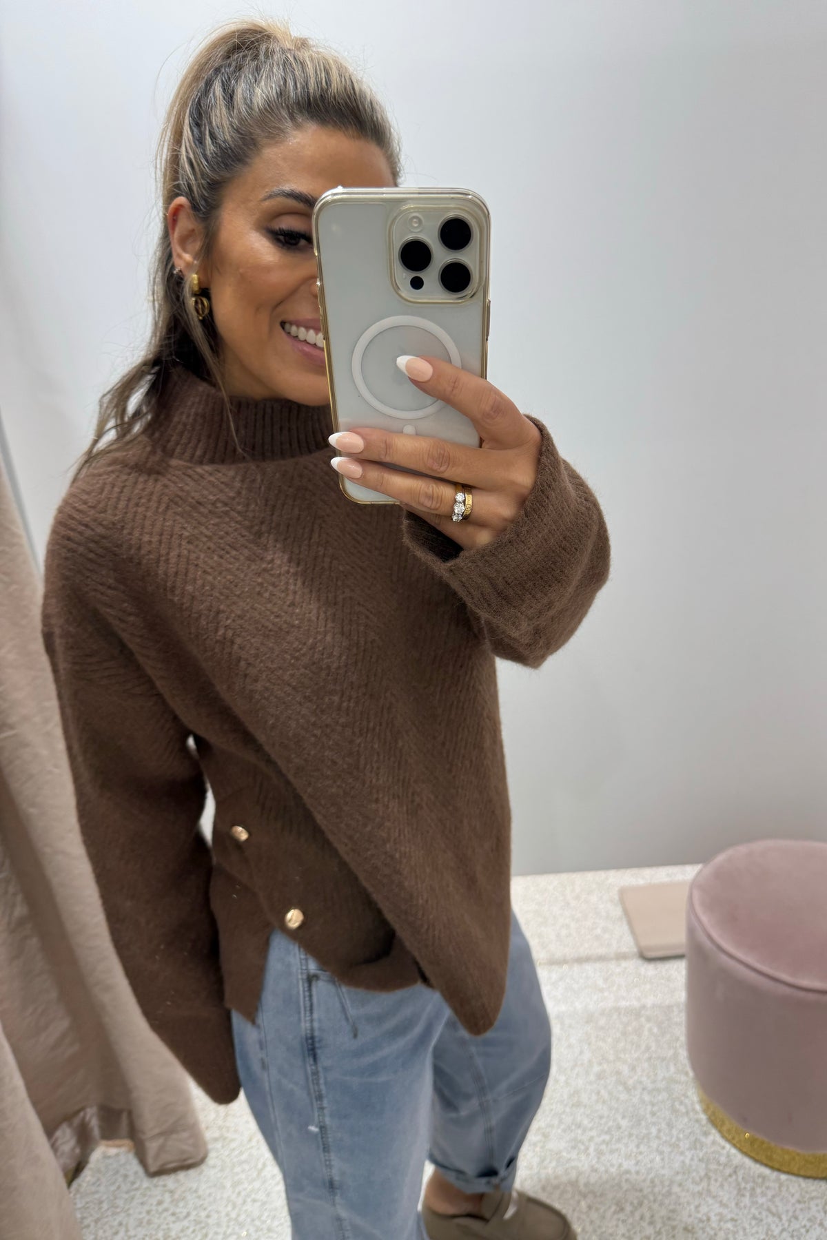 Chosen By Fifi & Annie The Relaxed  Knit Jumper with Side Gold Buttons | Ash Brown