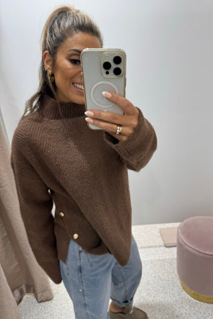 Chosen By Fifi & Annie The Relaxed  Knit Jumper with Side Gold Buttons | Ash Brown