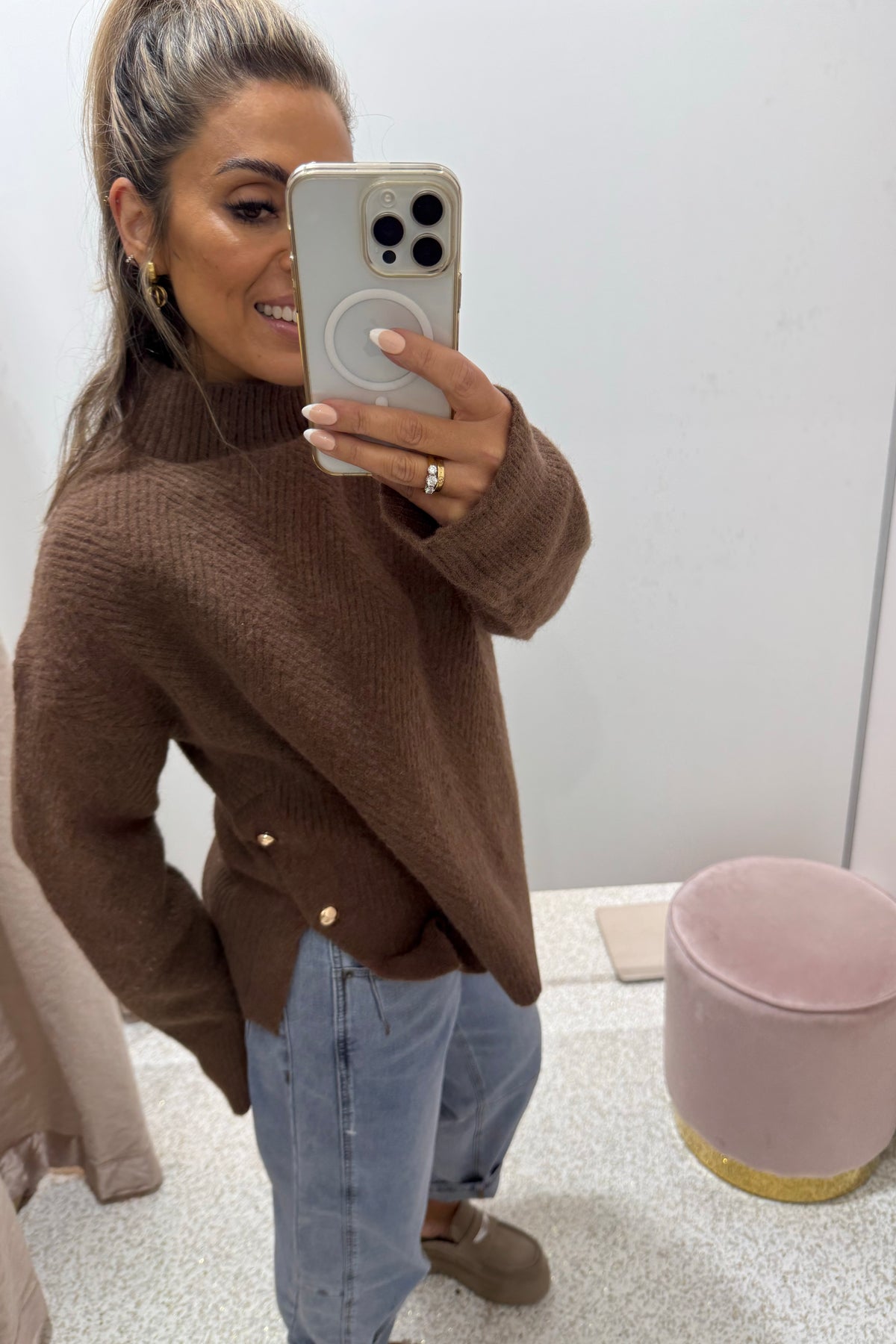 Chosen By Fifi & Annie The Relaxed  Knit Jumper with Side Gold Buttons | Ash Brown