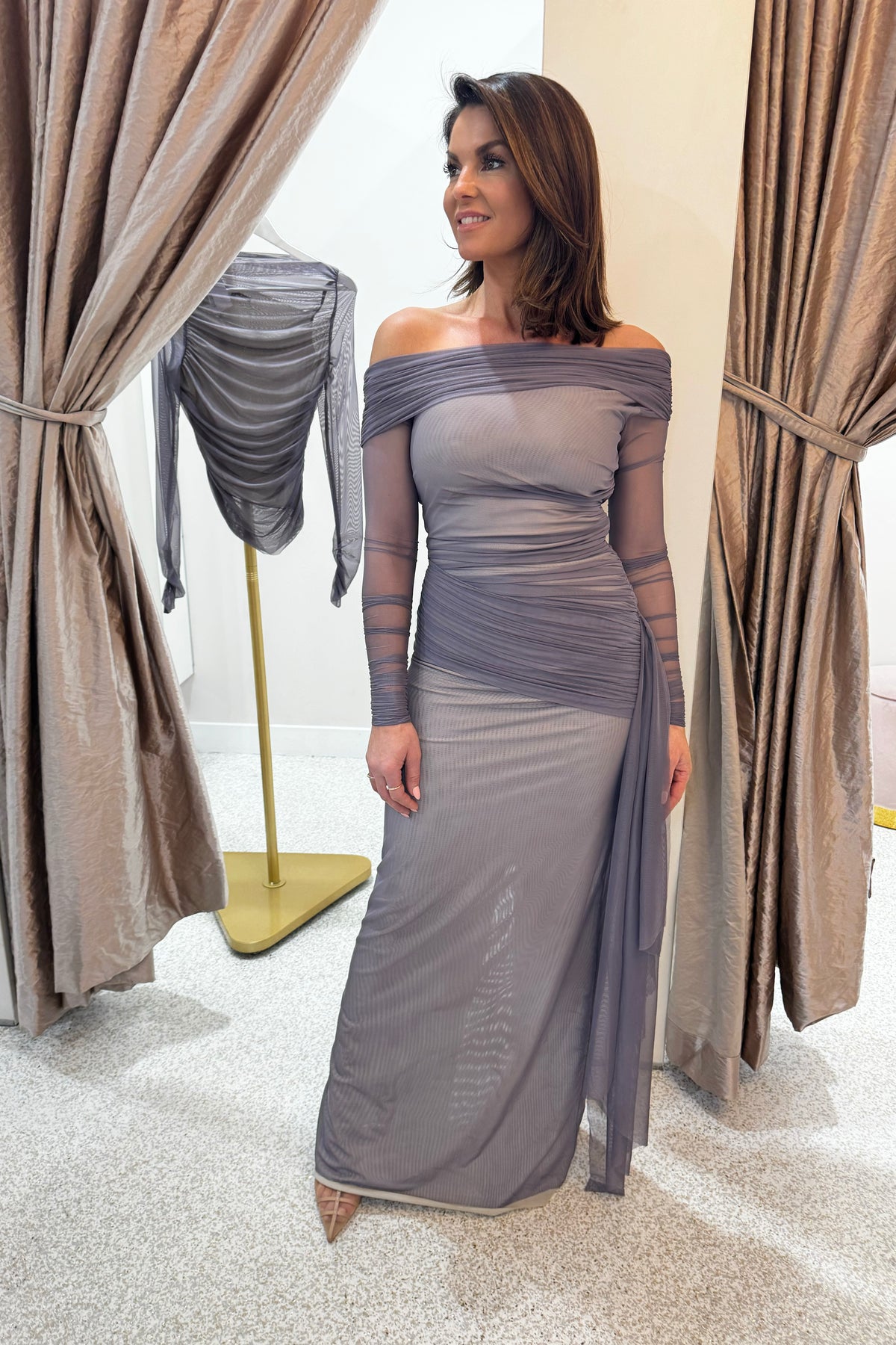 gray mesh dress Emery Beaded Mesh Dress Dress the Population