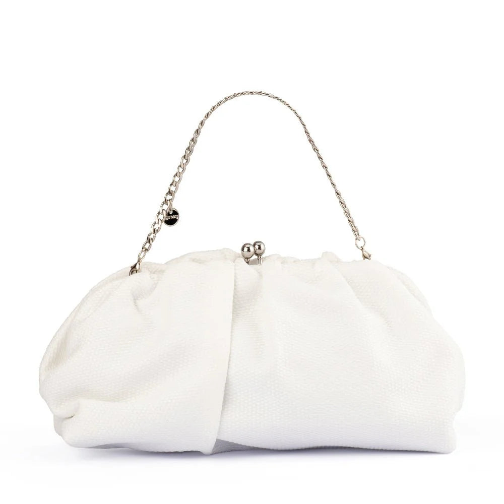 Olga Berg The Queenie Gathered Woven Clutch Bag | White