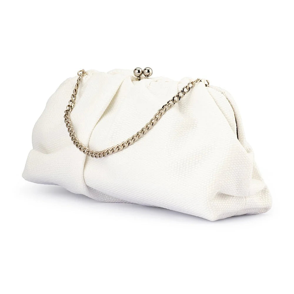 Olga Berg The Queenie Gathered Woven Clutch Bag | White