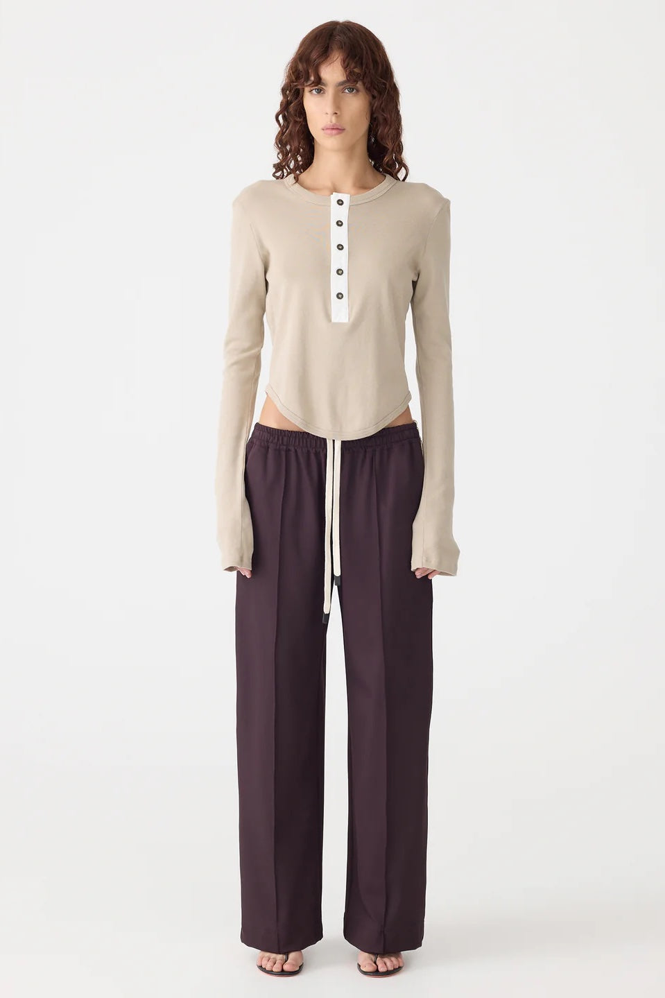 Bassike Scoop Hem Placket T.Shirt | Birch / White