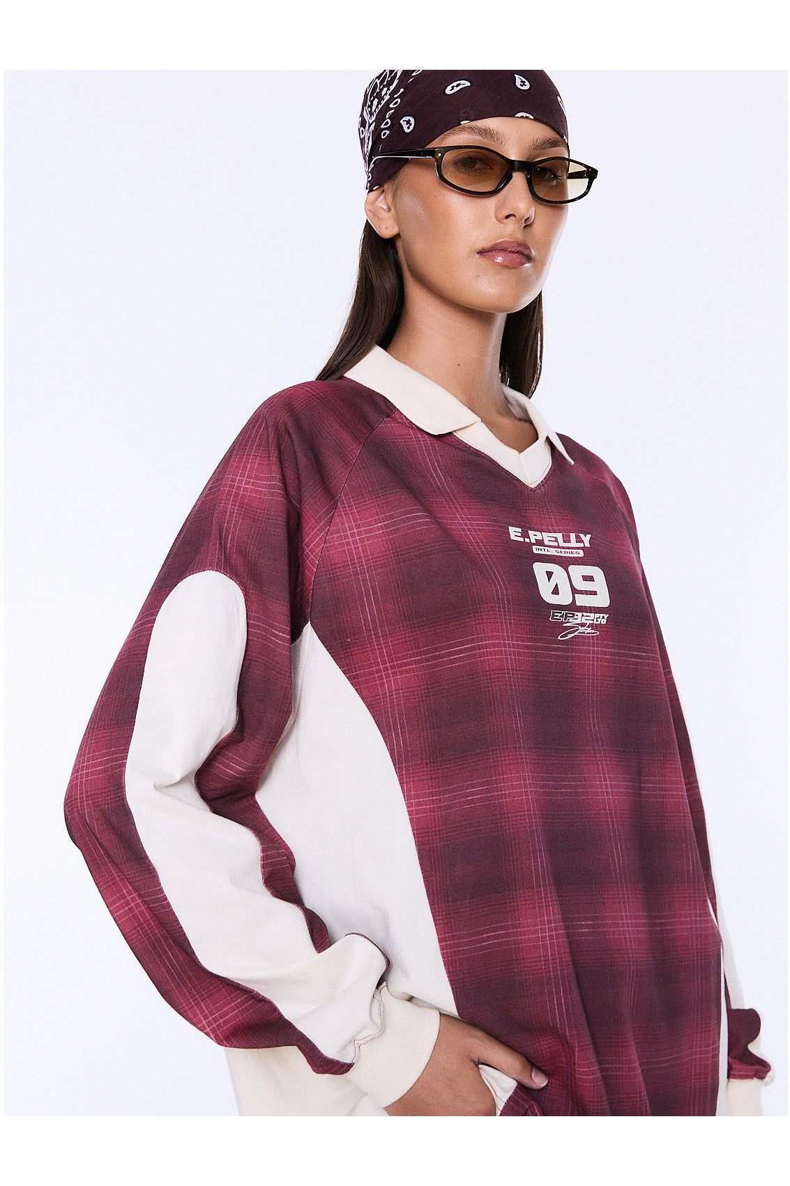Ena Pelly Josie Long Sleeve Polo | Burgandy Check
