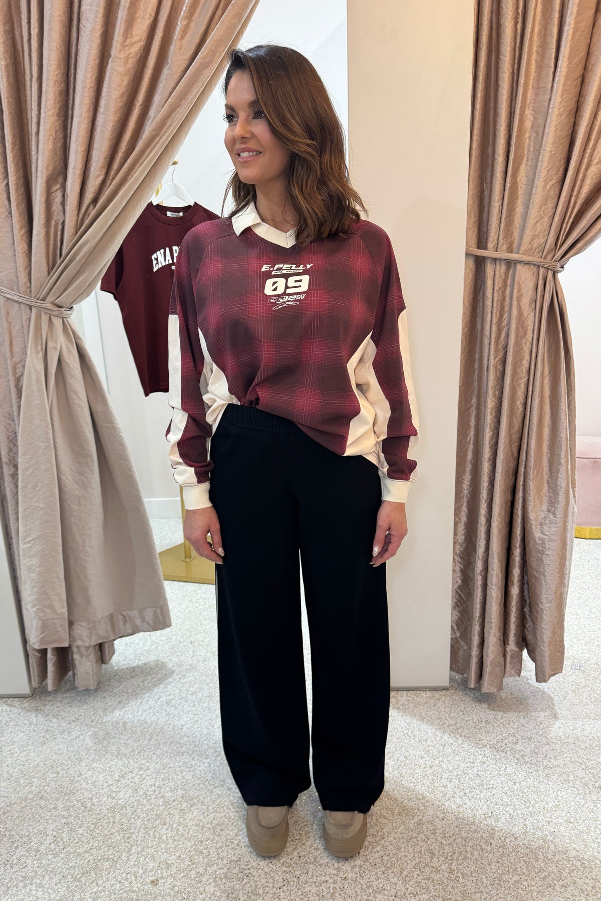 Ena Pelly Josie Long Sleeve Polo | Burgandy Check