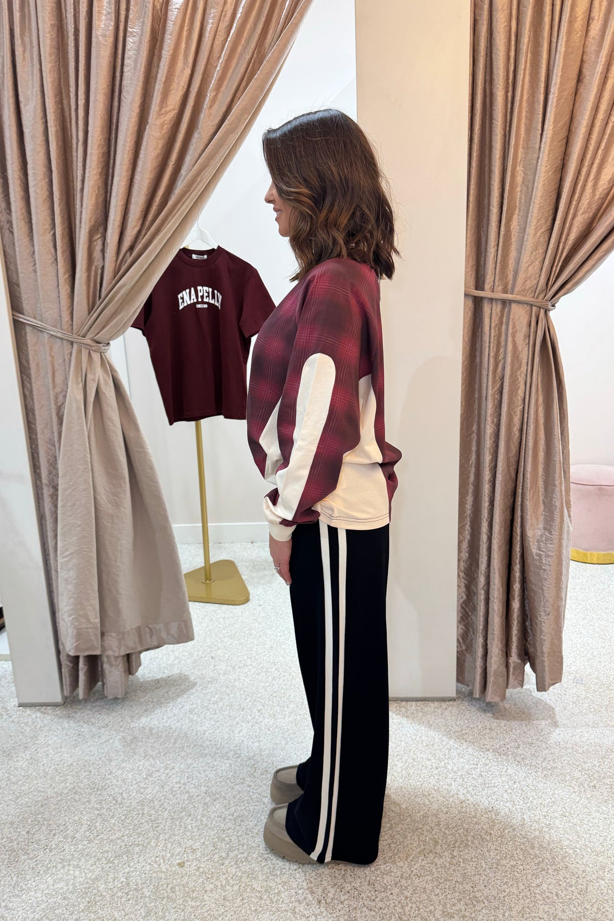 Ena Pelly Josie Long Sleeve Polo | Burgandy Check