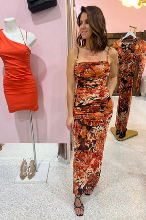Shona Joy Rubi Open Back Ruched Midi Dress | Tangerine / Multi