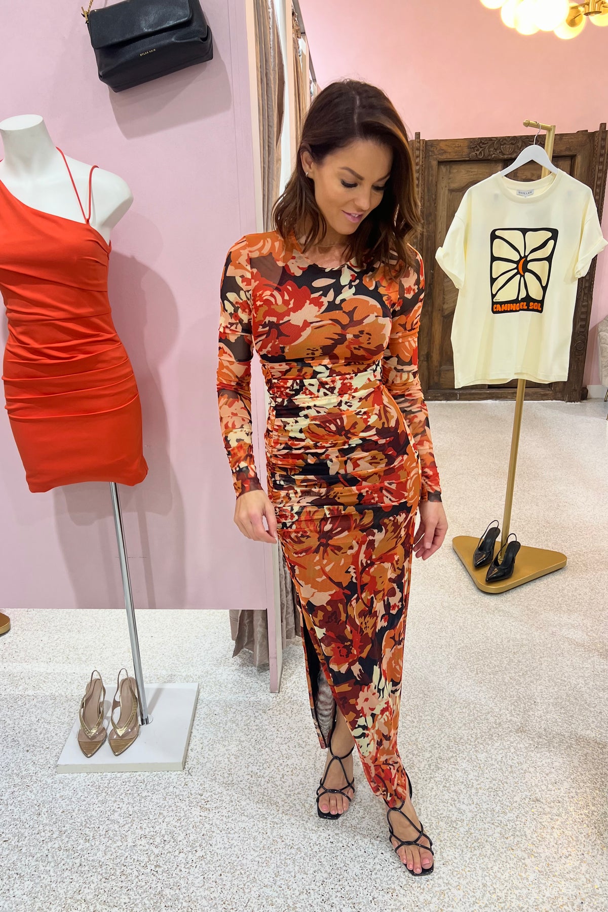 Shona Joy Rubi Gathered Midi Dress | Tangerine / Multi