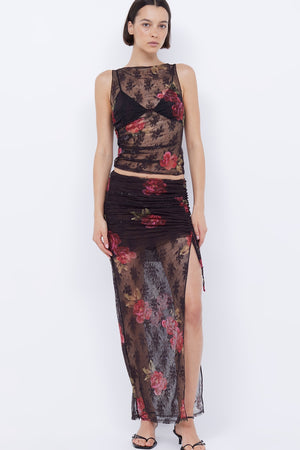 Bec + Bridge Desert Rose Ruched Skirt | Choc Floral