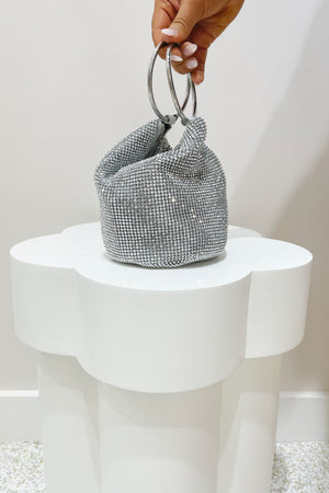 Olga Berg Ellie Crystal Mesh Ring Handle Bag | Silver