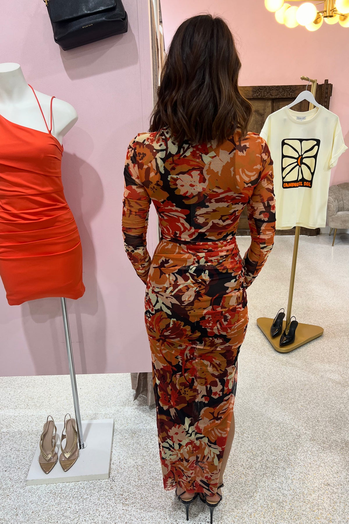 Shona Joy Rubi Gathered Midi Dress | Tangerine / Multi